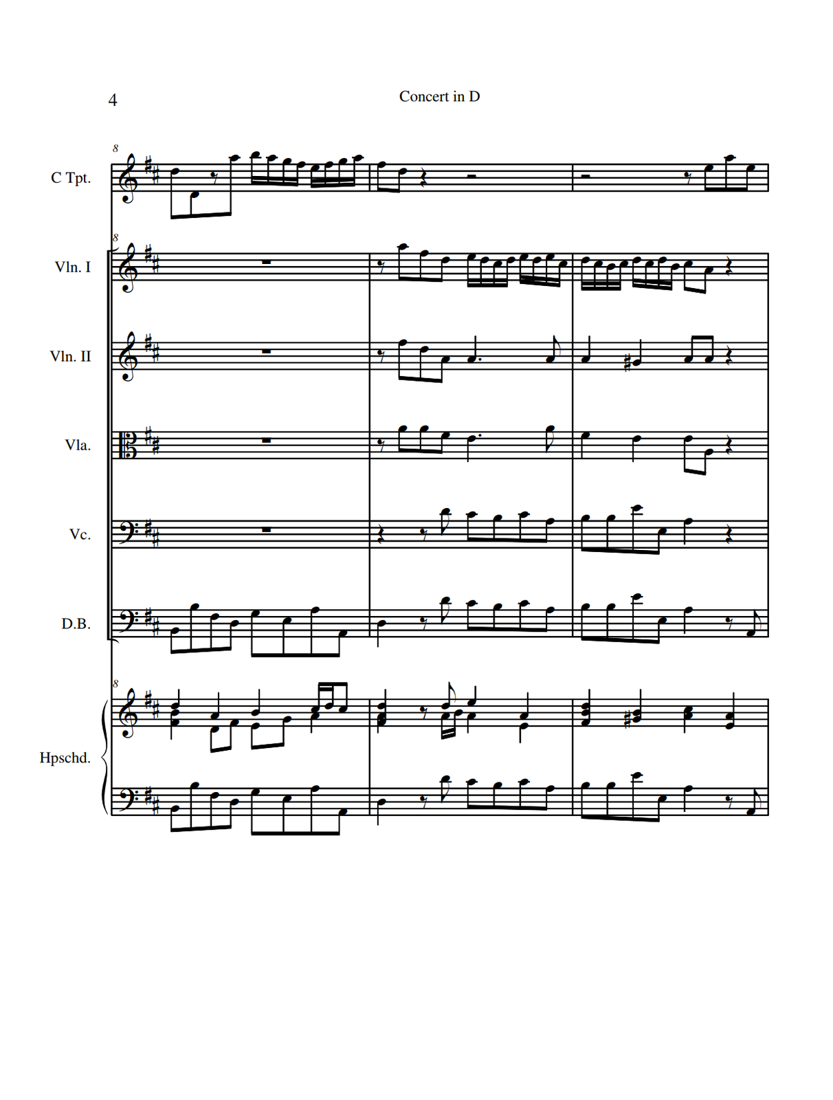 Na stronie czwartej w partii trąbki w ósmym takcie na pierwszą miarę grane są dwie ósemki d, przy czym druga z nich jest zapisana oktawę niżej. Na drugą miarę zaznaczono pauzę ósemkową, a następnie ósemkę a. Na trzecią miarę grane są cztery szesnastki: h, a, g oraz fis, natomiast na miarę czwartą szesnastki e, fis, g oraz a. W takcie dziewiątym na pierwszą miarę grane są dwie ósemki: fis oraz d, a dalej zaznaczono pauzę ćwierćnutową na drugą miarę oraz pauzę półnutową na miarę trzecią. W dziesiątym takcie na pierwszą miarę zapisano pauzę półnutową, na miarę trzecią pauzę ósemkową oraz ósemkę e, a na miarę czwartą ósemki a oraz e. W partii pierwszych skrzypiec w takcie ósmym zapisano pauzę całonutową. W takcie dziewiątym na pierwszą miarę zaznaczono pauzę ósemkową oraz ósemkę a, na miarę drugą ósemki fis oraz d, a na miarę trzecią szesnastki e, d, cis oraz d. Na czwartą miarę zapisano szesnastki e, d, e oraz cis. W dziesiątym takcie na pierwszą miarę zapisano szesnastki d, cis, h oraz ponownie cis, na miarę drugą szesnastki d, cis, d oraz h, a na miarę trzecią ósemki cis oraz a. Na czwartą miarę zapisano pauzę ćwierćnutową. W partii drugich skrzypiec w takcie ósmym zapisano pauzę całonutową. W takcie dziewiątym na pierwszą miarę zaznaczono pauzę ósemkową oraz ósemkę a, na miarę drugą ósemki fis oraz d, a na miarę trzecią ćwierćnutę z kropką a, a dalej ósemkę a. W takcie dziesiątym na pierwszą miarę grana jest ćwierćnuta a, na drugą miarę ćwierćnuta gis, a na miarę trzecią dwie ósemki a. Na czwartą miarę zapisano pauzę ćwierćnutową. W partii altówki w takcie ósmym zapisano pauzę całonutową. W takcie dziewiątym na pierwszą miarę zaznaczono pauzę ósemkową oraz ósemkę a, na miarę drugą ósemki a oraz fis, a na miarę trzecią ćwierćnutę z kropką e, a dalej ósemkę a. W takcie dziesiątym na pierwszą miarę grana jest ćwierćnuta fis, na drugą miarę ćwierćnuta e, a na miarę trzecią dwie ósemki: e oraz a. Na czwartą miarę zapisano pauzę ćwierćnutową. W partii wiolonczeli w takcie ósmym zapisano pauzę całonutową. W takcie dziewiątym na pierwszą miarę zaznaczono pauzę ćwierćnutową, na miarę drugą pauzę ósemkową oraz ósemkę d, na trzecią miarę ósemki cis oraz h, a na miarę czwartą ósemki cis oraz a. W dziesiątym takcie na pierwszą miarę grane są dwie ósemki h, na miarę drugą dwie ósemki e, przy czym druga oktawę niżej niż pierwsza, a na miarę trzecią wykonywana jest ćwierćnuta a. Na czwartą miarę zapisano pauzę ćwierćnutową. W partii kontrabasu w ósmym takcie wszystkie dźwięki są ósemkami. Na pierwszą miarę grane jest dwa razy h, przy czym za drugim razem o oktawę wyżej niż za pierwszym; na druga miarę zapisano fis oraz d, na miarę trzecią g oraz e, a na czwartą miarę dwa razy a, przy czym za drugim razem o oktawę niżej niż za pierwszym. W takcie dziewiątym na pierwszą miarę zapisano ćwierćnutę d, na miarę drugą pauzę ósemkową oraz ósemkę d, na trzecią miarę ósemki cis oraz h, a na miarę czwartą ósemki cis oraz a. W dziesiątym takcie na pierwszą miarę grane są dwie ósemki h, na miarę drugą dwie ósemki e, przy czym druga oktawę niżej niż pierwsza, a na miarę trzecią wykonywana jest ćwierćnuta a. Na czwartą miarę zapisano pauzę ósemkową oraz ósemkę a, o oktawę niższą od poprzedniego dźwięku. W partii klawesynu w kluczu wiolinowym w ósmym takcie na pierwszą miarę zapisano ćwierćnutę‑trójdźwięk h‑moll w drugim przewrocie, złożoną z nut fis, h oraz d. Na drugą miarę w wyższej partii zapisano ćwierćnutę a, natomiast w niższej partii ósemki d oraz fis. Na trzecią miarę w partii wyższej grana jest ćwierćnuta h, a w partii niższej ósemki e oraz g. Na czwartą miarę w wyższej partii zapisano szesnastki cis oraz d, a następnie ósemkę cis; w partii niższej grana jest ćwierćnuta a. W dziewiątym takcie na pierwszą miarę grana jest ćwierćnuta‑trójdźwięk D‑dur w pierwszym przewrocie, złożona z nut fis, a oraz d. Na drugą miarę zapisano pauzę ósemkową, a następnie w wyższej partii ósemkę d, a w niższej szesnastki a oraz h. Na trzecią miarę zapisano ćwierćnutę‑dwudźwięk, złożoną z nut a oraz e. Na miarę czwartą zapisano ćwierćnutę‑dwudźwięk, złożoną z dźwięków e oraz a. W dziesiątym takcie na pierwszą miarę zapisano ćwierćnutę‑trójdźwięk h‑moll w drugim przewrocie, złożoną z nut fis, h oraz d. Na drugą miarę grana jest ćwierćnuta‑dwudźwięk, złożona z nut gis oraz h. Na miarę trzecią grana jest ćwierćnuta‑dwudźwięk z nut a oraz cis, a na miarę czwartą ćwierćnuta‑dwudźwięk, złożona z dźwięków e oraz a. W partii klawesynu w kluczu basowym w ósmym takcie wszystkie dźwięki są ósemkami. Na pierwszą miarę grane jest dwa razy h, przy czym za drugim razem o oktawę wyżej niż za pierwszym; na drugą miarę zapisano fis oraz d, na miarę trzecią g oraz e, a na czwartą miarę dwa razy a, przy czym za drugim razem o oktawę niżej niż za pierwszym. W takcie dziewiątym na pierwszą miarę zapisano ćwierćnutę d, na miarę drugą pauzę ósemkową oraz ósemkę d, na trzecią miarę ósemki cis oraz h, a na miarę czwartą ósemki cis oraz a. W dziesiątym takcie na pierwszą miarę grane są dwie ósemki h, na miarę drugą dwie ósemki e, przy czym drugą oktawę niżej niż pierwszą, a na miarę trzecią wykonywana jest ćwierćnuta a. Na czwartą miarę zapisano pauzę ósemkową oraz ósemkę a, o oktawę niższą od poprzedniego dźwięku.