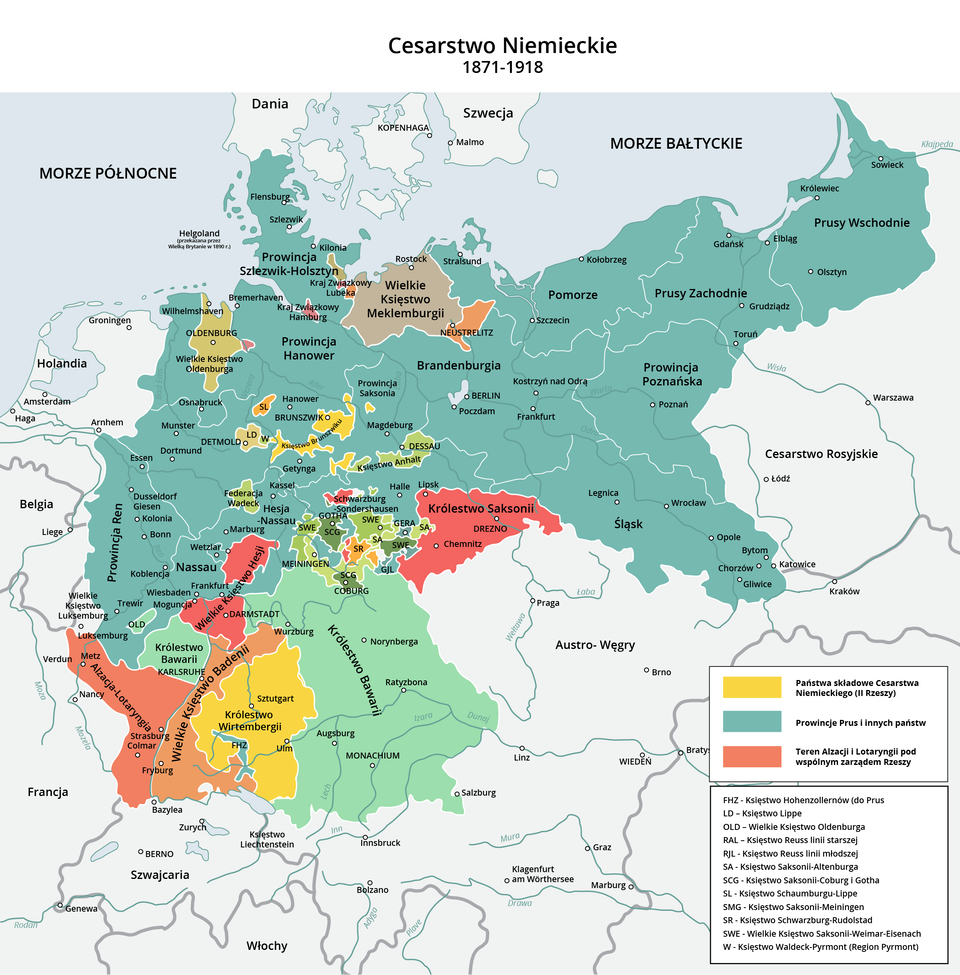 Mapa przedstawia Cesarstwo Niemieckie w latach 1871‑1918. Na mapie zaznaczono obszary składowe Cesarstwa Niemieckiego (drugiej Rzeszy), w skład, których wchodziło: Księstwo Brunszwiku z miastem Brunszwik oraz Królestwo Wirtembergii z miastami Stuttgart i Ulm.  Do prowincji Prus i innych państw należały: Prowincja Szlezwik‑Holsztyn z miastami Flensburg, Szlezwik, Kilonia, Prowincja Hanower z miastami Hanower i Bremerhaven, Osnabrück, Münster, Dortmund, Essen, Prowincja Ren z miastami Düsseldorf, Giesen, Kolonia, Bonn, Koblencja, Nassau, Wetzlar, Frankfurt, Wiesbaden, Trewir, Marburg, Hesja – Nassau, Prowincja Saksonia z miastem Magdeburg, Brandenburgia z miastami Berlin, Poczdam, Frankfurt, Kostrzyń nad Odrą, Pomorze z miastami: Szczecin, Stralsund, Kołobrzeg, Prusy Zachodnie z miastami: Gdańsk, Elbląg, Grudziądz, Toruń, Prusy Wschodnie z miastami: Królewiec, Olsztyn, Sowieck, Prowincja Poznańska z miastami: Poznań, Śląsk z miastami: Legnica, Wrocław, Opole, Bytom, Chorzów, Gliwice, Katowice. Do terenów Alzacji i Lotaryngii pod wspólnym zarządem rzeszy należała Alzacja‑Lotaryngia z miastami Metz, Strasburg, Colmar oraz Kraj Związkowy Hamburg. Na północy Cesarstwo Niemieckie graniczyło z Wielkim Księstwem Meklemburgii, Wielkim Księstwem Oldenburga i Morzem Bałtyckim. Od zachodu Cesarstwo Niemieckie graniczyło z Holandią, Belgią i Francją. Od południa Cesarstwo Niemieckie graniczyło z Królestwem Bawarii z miastem Karlsruhe, Wielkim Księstwem Hesji z miastami Moguncja, Darmstadt, z Wielkim Księstwem Badenii z miastem Fryburg, z Królestwem Bawarii z miastami: Monachium, Augsburg, Ratyzbona, Norymberga, Wurzburg, z Królestwem Saksonii z miastami: Drezno i Chemnitz. Na południu sąsiadami była także Szwajcaria i Austro‑Węgry. Od wschodu Cesarstwo niemieckie graniczyło z Cesarstwem Rosyjskim z miastami Łódź, Warszawa, Kraków. 