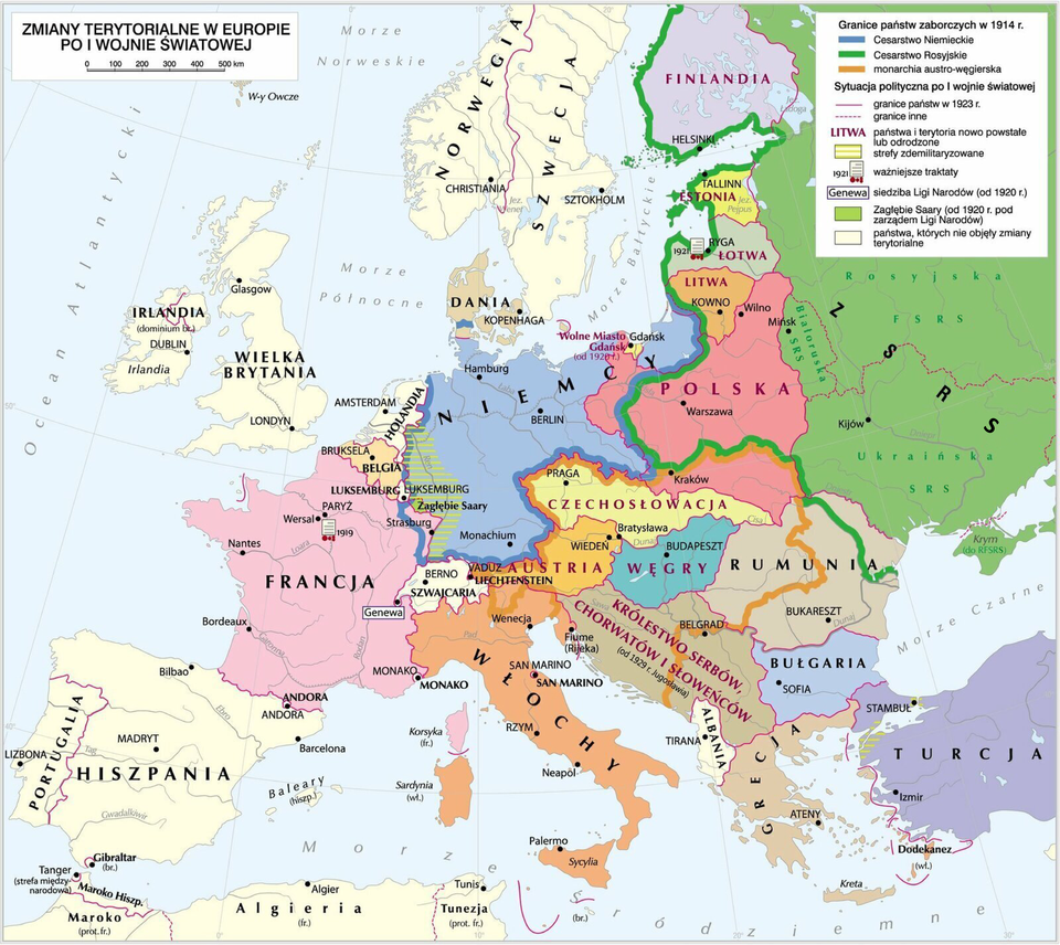 Mapa przedstawia zmiany terytorialne w Europie po pierwszej wojnie światowej. W 1919 roku został podpisany traktat wersalski. Imperium Rosyjskie przerodziło się w Związek Radziecki i utraciło Finlandię, Estonię, Łotwę, Litwę oraz Polskę ze wschodnimi terenami, które ogłosiły niepodległość oraz region Besarabii na rzecz Rumunii.  Cesarstwo Niemieckie, które przerodziło się w Republikę Weimarską utraciło na rzecz Francji Alzację i Lotaryngię, na rzecz Danii Szlezwik, na rzecz Polski Wielkopolskę, część Śląska oraz korytarz pomorski oddzielający Niemcy od Prus Wschodnich, Gdańsk z którego utworzono Wolne Miasto Gdańsk oraz okręg Saary, który wszedł w zarząd Ligii Narodów. Ponadto Nadrenia stała się regionem zdemilitaryzowanym. Cesarstwo Austro‑Węgierskie całkowicie się rozpadło, Austria straciła na rzecz Rumunii Bukowinę, na rzecz Polski Galicję, na rzecz nowopowstałej Czechosłowacji Czechy i Morawy, na rzecz Włoch południowy Tyrol, Istrię i Trydent, na rzecz nowopowstałego Królestwa Serbów Chorwatów i Słoweńców, Krainę i Dalmację. Węgry utraciły na rzecz Czechosłowacji Słowację i Ruś Zakarpacką, na rzecz Rumunii Siedmiogród i wschodni Banat, na rzecz Królestwa SHS zachodni Banat, Wojwodinę i Chorwację. Bośnia i Hercegowina, która była Austro‑Węgierskim kondominium również weszła w skład Królestwa SHS. Obszary wokół tureckich cieśnin prowadzących na Morze Czarne stały się strefami zdemilitaryzowanymi.  Od 1920 roku w Genewie znajdowała się siedziba Ligii Narodów. 