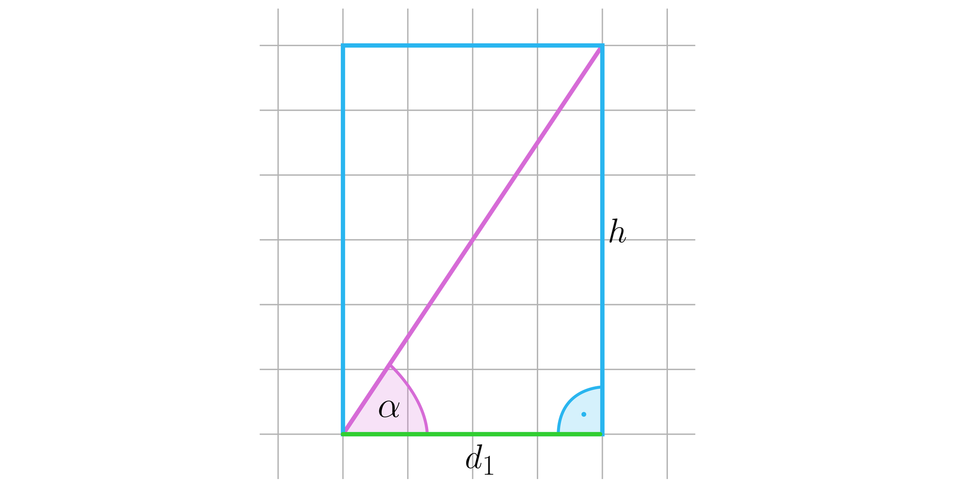 Na ilustracji przedstawiono pole w kratkę. Na płaszczyźnie narysowano prostokąt. Długość dłuższego boku oznaczono literą h, natomiast długość krótszego boku oznaczono d1. Zaznaczono przekątną prostokąta, nachyloną do krótszego boku pod kątem alfa.