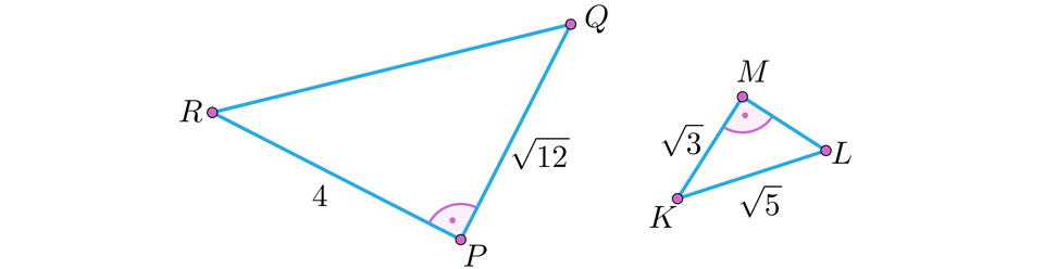 Ilustracja przedstawia dwa trójkąty prostokątne. Pierwszy P R Q. Bok P R wynosi 4 jednostki, a bok P Q ma miarę pierwiastek z dwunastu. Drugi trójkąt K L M, bok K L ma długość pierwiastek z pięciu, a bok K M ma długość pierwiastek z trzech. 