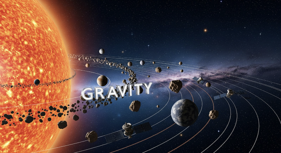 Obrazek przedstawiający planety i meteoroidy krążące wokół Słońca, z napisem Gravity, symbolizującym grawitację.