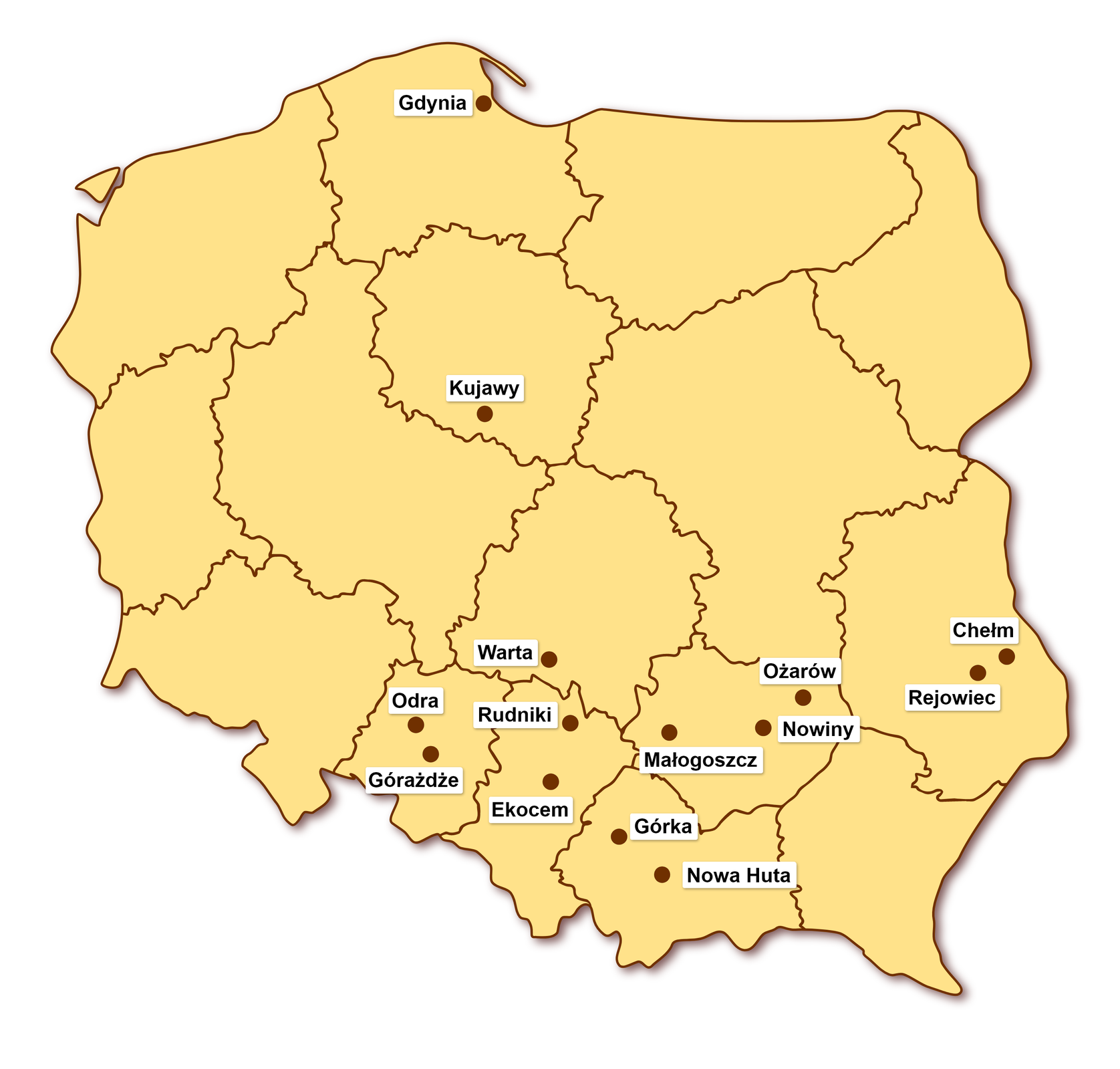 Mapa Polski wraz z zaznaczonymi cementowniami w Polsce, które znajduję się w Gdyni, Kujawach, Warcie, Odrze, Górażdże, Rudniku, Ekocem, Górce, Nowej Hucie, Małogoszczu, Ożarowie, Nowinach, Chełmie oraz Rejowcu.