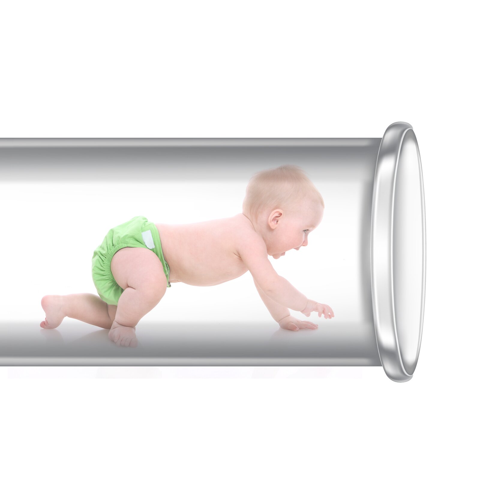 Ilustracja przedstawia dziecko na czworakach w probówce laboratoryjnej. 