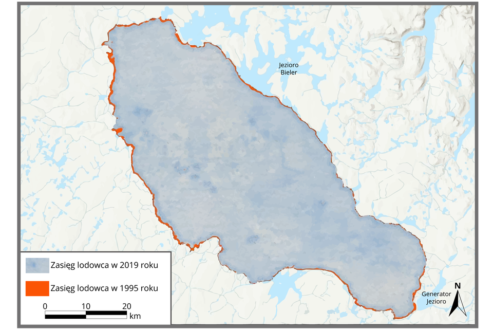 Na ilustracji jest fragment mapy przedstawiający zmniejszający się zasięg lodowca w 2019 roku w porównaniu z rokiem 1995. Lodowiec ma podłużny kształt. Powierzchnia czapy lodowej zmniejsza się we wszystkich miejscach na obrzeżach.   