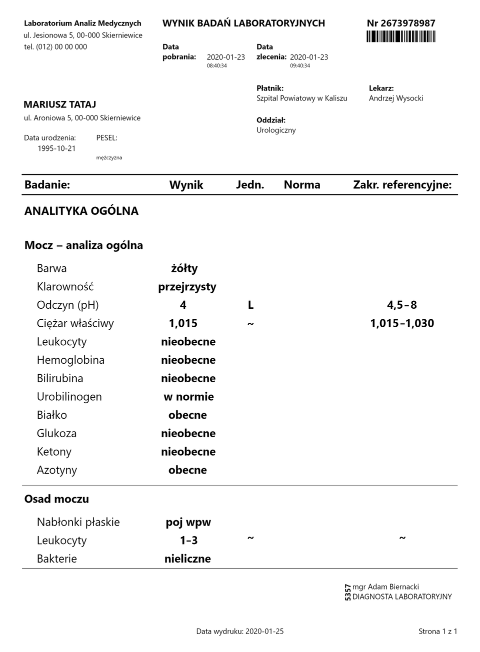 Ilustracja przedstawia wynik analizy ogólnej badania moczu. Mocz należy do mężczyzny. Barwa żółta. Klarowność przejrzysty. Odczyn pH 4 (norma od 4,5 do 8). Ciężar właściwy 1,015 (norma od 1,015 do 1030). Leukocyty, hemoglobina, bilirubina nieobecne. Urobilinogen w normie. Glukoza, ketony nieobecne. Azotyny obecne. Osad moczu. Nabłonki płaksie poj. wpw. Leukocyty od 1 do 3. Bakterie nieliczne.     