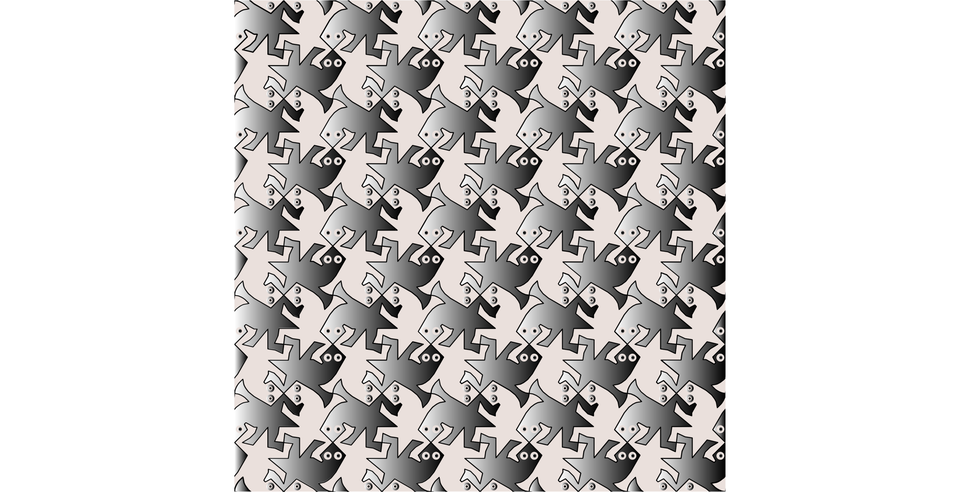 Ilustracja przedstawia kwadrat wypełniony figurami przypominającymi jaszczurki w dwóch kolorach użytych naprzemiennie. Są one ze sobą połączone na krawędziach. Figury mają ten sam kształt, przy czym w zależności od położenia, są one obrócone na cztery sposoby: jeden typ jaszczurek jest ustawiony pionowo w górę, drugi typ pionowo w dół, trzeci poziomo z głową skierowaną w prawo, a czwarty typ poziomo z głową skierowaną w lewo.