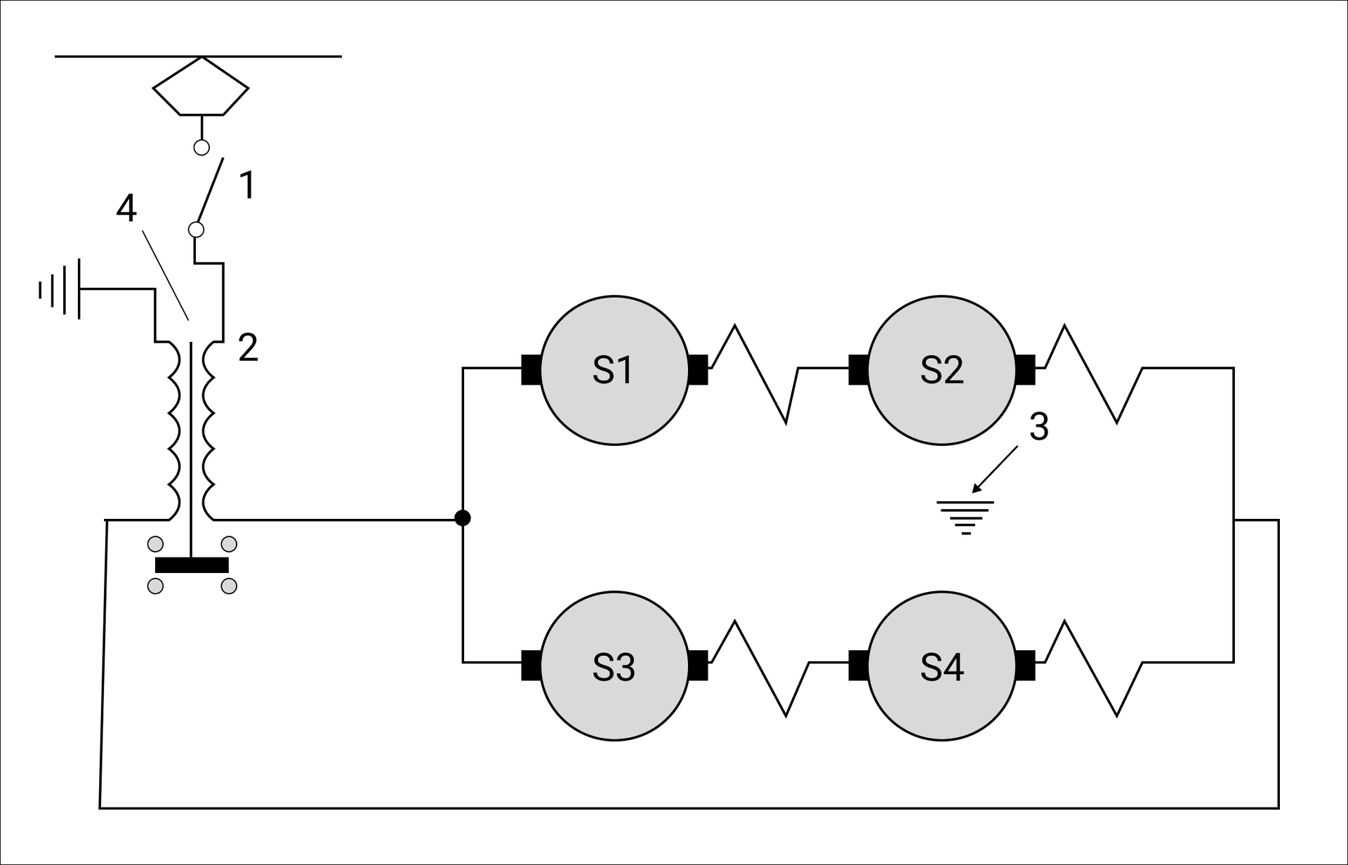 Ilustracja przedstawia schemat włączenia przekaźnika różnicowego w obwód główny elektrycznego pojazdu trakcyjnego. Na schemacie znajdują się cztery przekaźniki oznaczone jako S jeden, S dwa, S trzy i S cztery, które połączone są ze sobą szeregowo i równolegle: S jeden i S dwa szeregowo ze sobą, S trzy i S cztery szeregowo ze sobą, a także obie pary równolegle ze sobą. Połączone są one z uziemieniem oraz cewką, która przyciągnie zworę rozwierającą styk jeżeli popłynie przez nią prąd o dużym natężeniu, odcinając obwód główny.