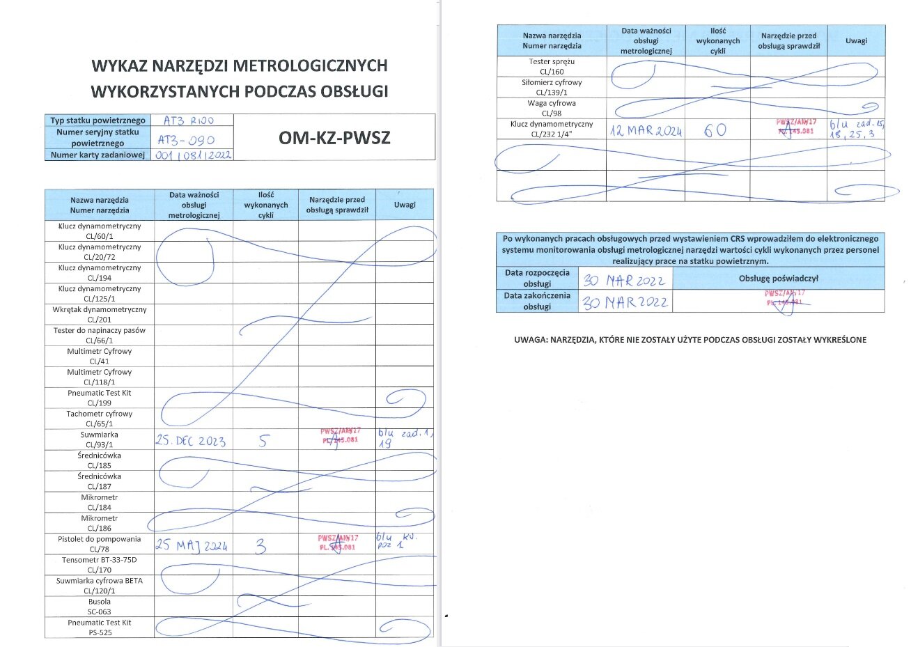 Zdjęcie przedstawia przykładowy wykaz narzędzi metrologicznych wykorzystywanych podczas obsługi. Dokument składa się z trzech tabel. Pierwsza tabela zawiera informacje dotyczące typu, numeru seryjnego statku powietrznego oraz numeru użytej karty zadaniowej. Kolejna tabela przedstawia wykaz nazw narzędzi, daty ważności obsługi metrologicznej, liczbę wykonanych cykli przy użyciu danego narzędzia, miejsce na opis osoby sprawdzającej narzędzie oraz pola na uwagi. W ostatniej tabeli znajduje się miejsce na wpisanie daty rozpoczęcia i zakończenia obsługi oraz podpis osoby potwierdzającej. 