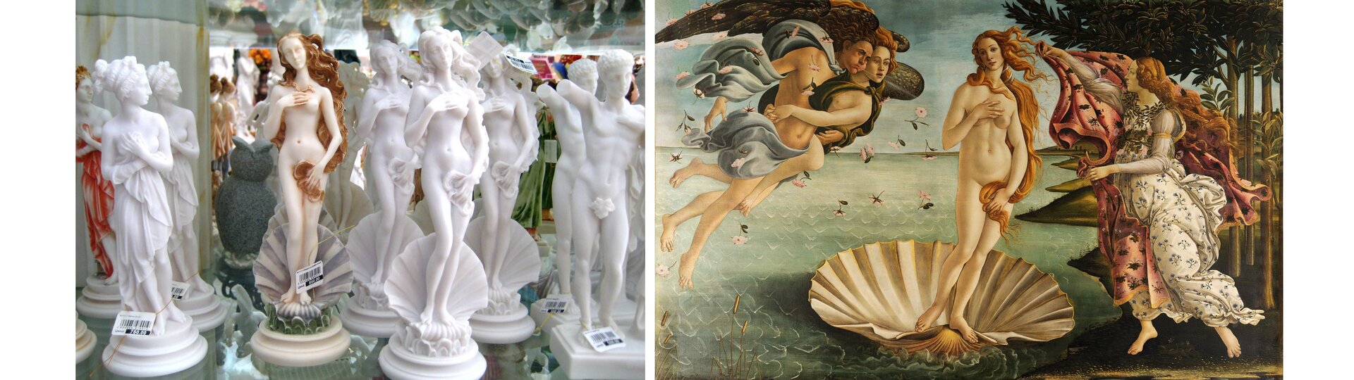 Ilustracja podzielona jest na dwie części. Po lewej stronie znajduje się wystawa z rzeźbami (kilka kopii tych samych). Jedna z rzeźb przedstawia nagą kobietę o długich rudych włosach stojącą w muszli. Inne rzeźby są niepomalowane. Przedstawiają także stojące nagie kobiety lub nagich mężczyzn. Po prawej stronie znajduje się obraz, w którego centrum, w muszli, stoi naga, rudowłosa kobieta. Obok niej, w prawej części obrazu, stoi kobieta przepasana girlandą z róż, a na szyi ma wieniec z mirtu, trzyma w dłoni czerwony płaszcz. W lewej części obrazu znajdują się dwie splecione ze sobą postacie: kobiety i mężczyzny. Oboje są częściowo przesłonięci zwojem materiału. W tle można zauważyć kwiaty, linię horyzontu i drzewa o wydłużonych liściach.