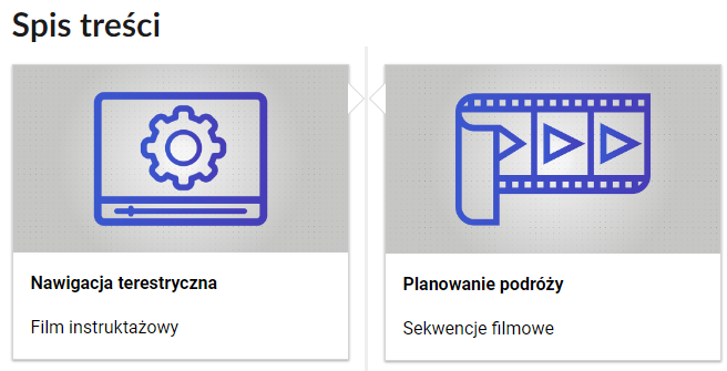 Grafika przedstawia dwa kafelki ze spisu treści. Są umiejscowione obok siebie. Mają prostokątny kształt. Górna część kafelka to szara grafika z symbolem danego multimedium. Dolna część to tytuł i nazwa multimedium. Kafelek z lewej przedstawia prostą grafikę ekranu odtwarzania filmu z narysowanym na nim kołem zębatym. Obrazek składa się tylko z niebieskich linii. Podpis tego multimedium brzmi: Nawigacja terestryczna, film instruktażowy. Kafelek z prawej przedstawia fragment kliszy filmowej. Podpis tego multimedium brzmi: Planowanie podróży, sekwencje filmowe.