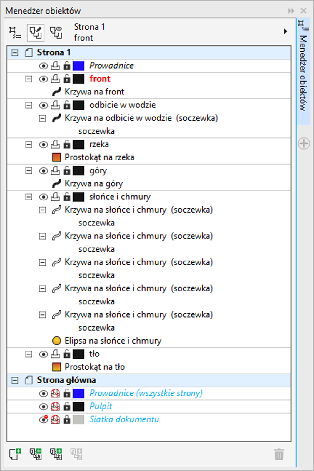 Zdjęcie przedstawia "Menedżer obiektów": "Strona 1" (rozwinięte):   "Prowadnice",    na czerwono "front" (rozwinięte):     "Krzywa na front",   (koniec menu "front")   "odbicie w wodzie" (rozwinięte):     "Krzywa na odbicie w wodzie (soczewka)" (rozwinięte):       "Soczewka",     (koniec menu "Krzywa na odbicie w wodzie (soczewka)"),   (koniec menu "odbicie w wodzie"),   "rzeka" (rozwinięte):     "Prostokąt na rzeka"   (koniec menu "rzeka"),   "góry" (rozwinięte):     "Krzywa na góry",   (koniec menu "góry"),   "słońce i chmury" (rozwinięte):     "Krzywa na słońce i chmury (soczewka)" (rozwinięte):       "soczewka",     (koniec menu "Krzywa na słońce i chmury (soczewka)"),     "Krzywa na słońce i chmury (soczewka)" (rozwinięte):       "soczewka",     (koniec menu "Krzywa na słońce i chmury (soczewka)"),     "Krzywa na słońce i chmury (soczewka)" (rozwinięte):       "soczewka",     (koniec menu "Krzywa na słońce i chmury (soczewka)"),     "Krzywa na słońce i chmury (soczewka)" (rozwinięte):       "soczewka",     (koniec menu "Krzywa na słońce i chmury (soczewka)"),     "Krzywa na słońce i chmury (soczewka)" (rozwinięte):       "soczewka",     (koniec menu "Krzywa na słońce i chmury (soczewka)"),     "Elipsa na słońce i chmury",   (koniec menu "słońce i chmury"),   "tło" (rozwinięte):     "Prostokąt na tło",   (koniec menu "tło"), (koniec menu "Strona 1") "Strona główna" (rozwinięte):   "Prowadnice (wszystkie strony)",   "Pulpit",   "Siatka dokumentu", (koniec menu "Strona główna").