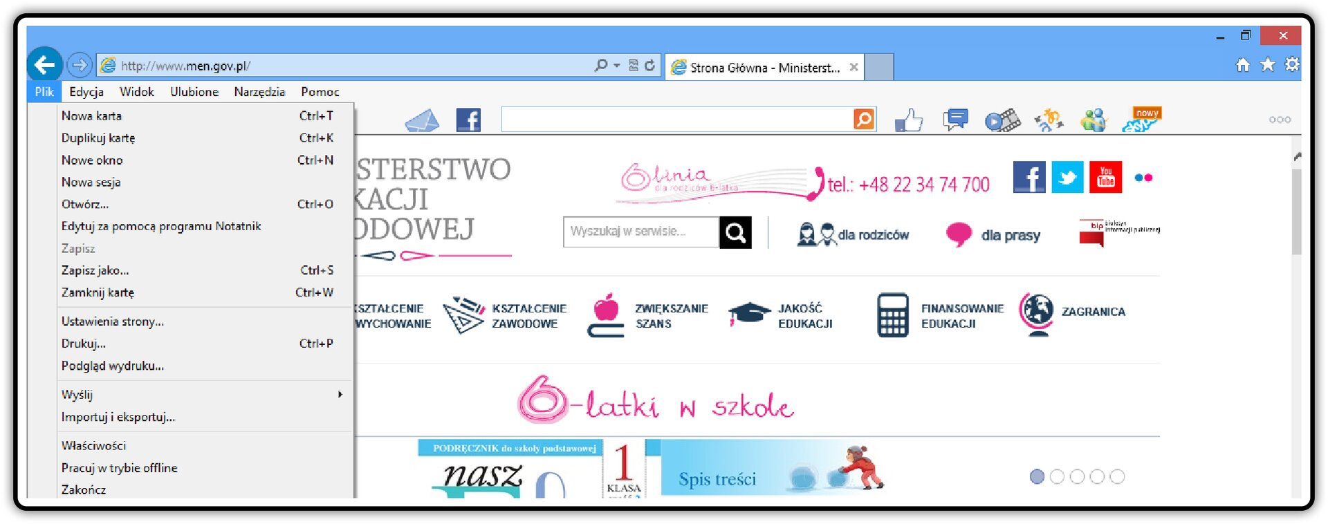 Zrzut fragmentu okna przeglądarki Internet Explorer z pokazanym menu Plik
