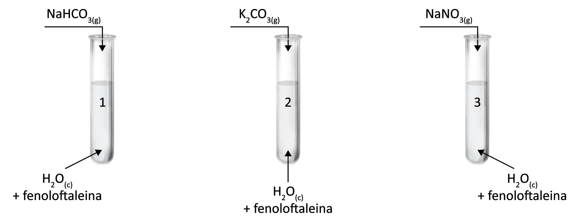 Ilustracja przedstawia trzy probówki. W każdej z nich znajduje się woda i fenoloftaleina. Do pierwszej probówki dodano wodorowęglan sodu N a H C O 3 , do drugiej węglan potasu K 2 C O 3 , do trzeciej N a N O 3 .