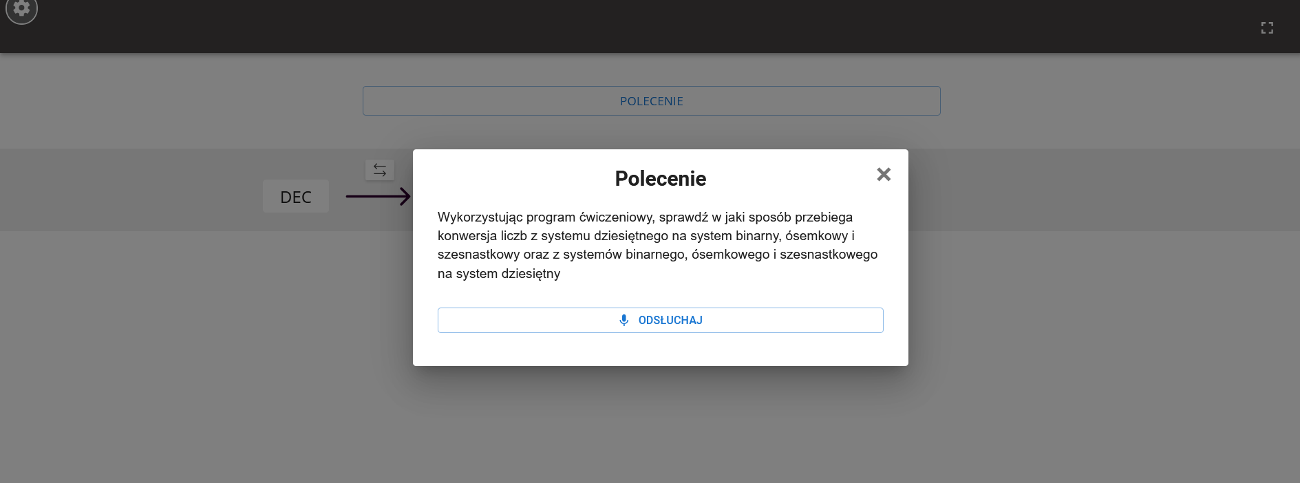 Panel z poleceniem do ćwiczenia w programie