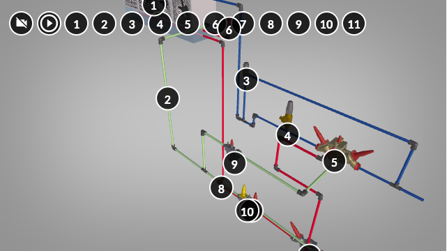 Widoczna przykładowa strona animacji 3D. Grafika przedstawia stację zaworową przy chłodnicy. Widoczne są numery znaczników położonych obok siebie. Jest ich trzynaście. Pierwszy to kółko z białym obramowaniem i czarnym wypełnieniem. W środku widoczny jest symbol przekreślonej kamery. Kolejny przedstawia ikonę odtwarzania filmu. Ikona składa się z trójkąta wpisanego w okrąg. Wierzchołek trójkąta wskazuje w prawo. Pozostałe są ponumerowane od jednego do jedenastu. 