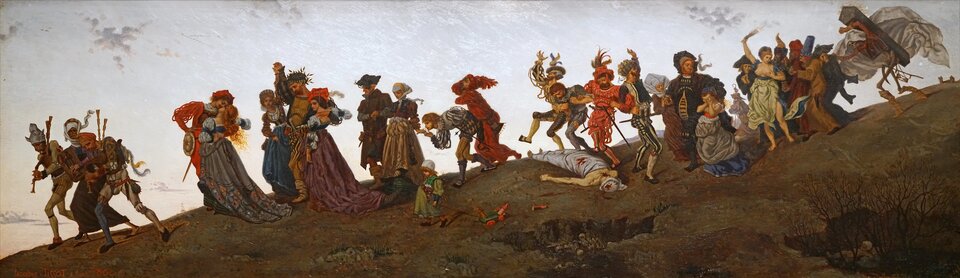 Obraz przedstawia pagórek, po którym schodzi duża grupa osób. Ludzie ci tworzą pochód, idą parami, trójkami. Noszą średniowieczne ubrania. Kobiety mają długie suknie. Pochód otwiera dwóch muzykantów z instrumentami, których prowadzi kościotrup ubrany w czarną suknię, na głowie ma białą chustę. Za nimi idzie całująca się para, następnie mężczyzna w wieńcu laurowym z dwoma kobietami przy boku. Kolejna para to małżeństwo, starszy mężczyzna i młoda kobieta, obok nich idzie dwuletnie dziecko. Za nimi dwóch młodych mężczyzn, jeden z nich schyla się do ręki kobiety idącej przed nim. Całuje jej palce. Jego towarzysz obok, trzyma się za głowę w rozpaczy. Kolejna grupa, to czterech podchmielonych mężczyzn ze szpadami u boku, przed nimi leży trup. Przechodzą obok ciała, nie zwracają na nie uwagi. Za nimi otyły mężczyzna ze staruszką i grupa pięciu mężczyzn z kobietą, która ma obnażone piersi, w ręku trzyma wygasłą pochodnię, z której unosi się nikły dym. Pochód zamyka kościotrup z kosą, który niesie na barkach trumnę owiniętą w całun. Wieje wiatr, więc całun łopocze na wietrze.