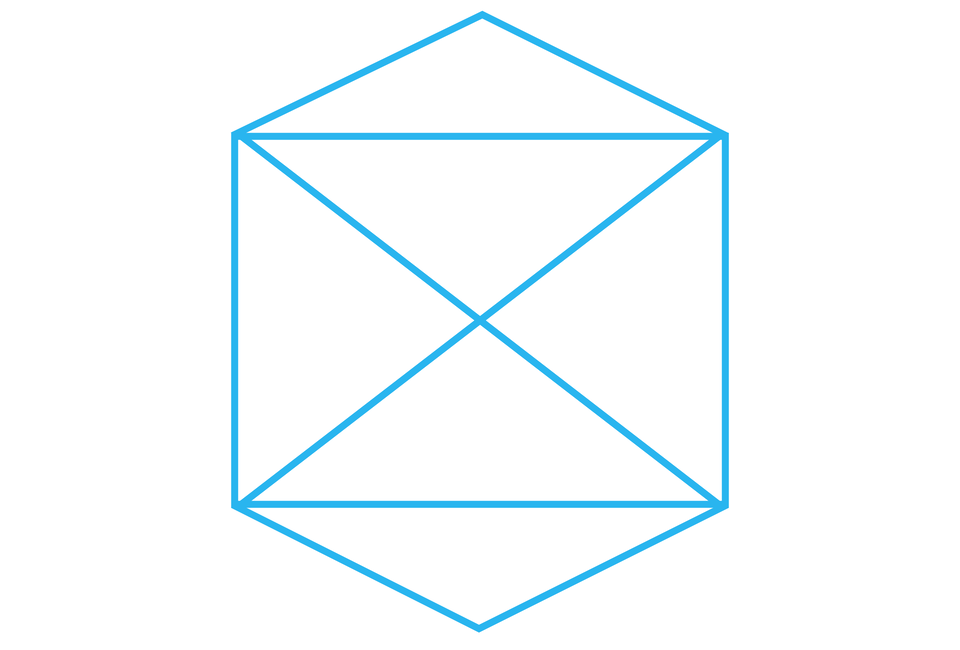 Ilustracja przedstawia prostokąt leżący na dłuższym boku wraz z jego dwoma przekątnymi. Oba jego dłuższe boki są podstawami trójkątów równoramiennych.