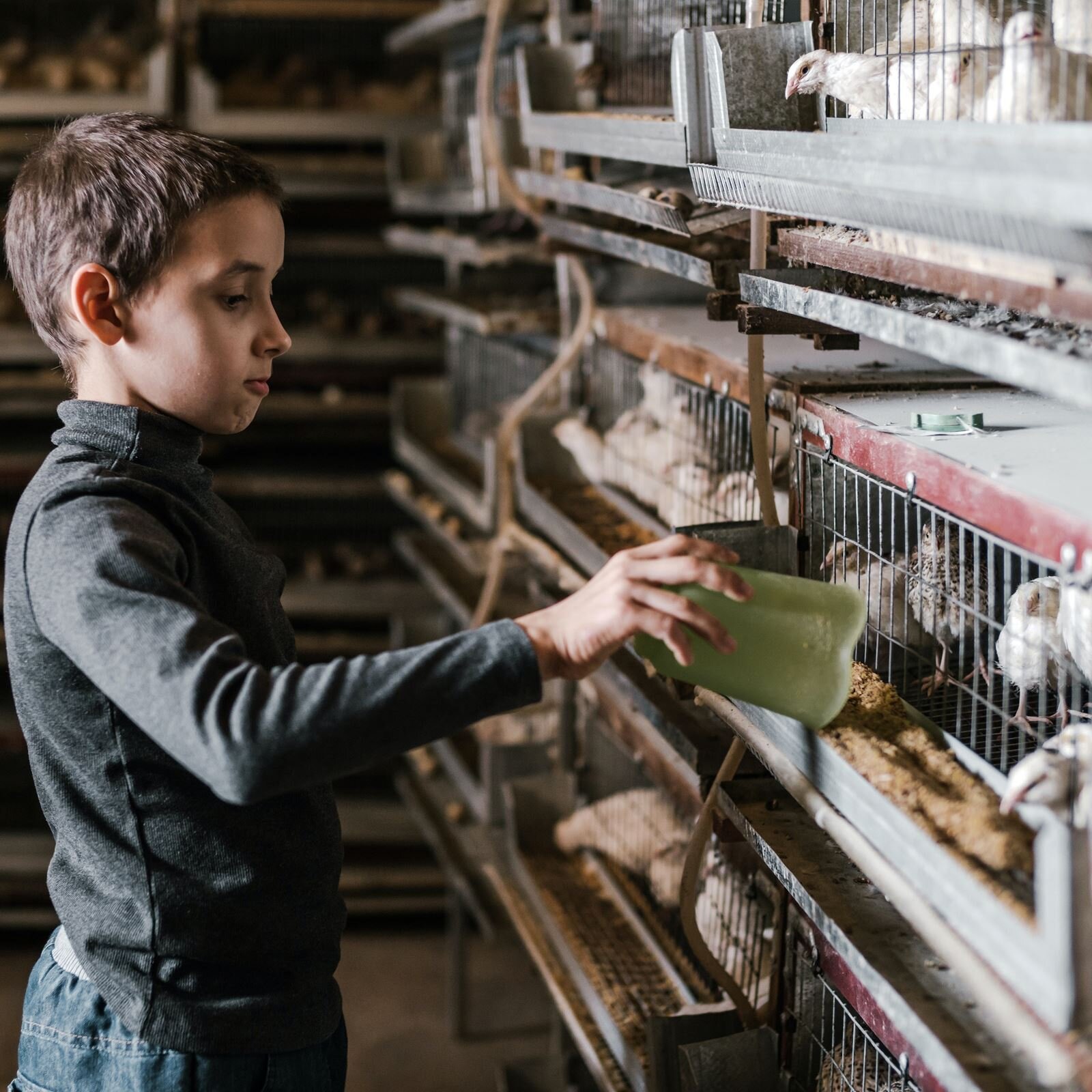 Zdjęcie przedstawia chłopca w wieku około 10 lat, w ujęciu od bioder w górę, zwróconego w prawo i sypiącego ziarno kurom w kurniku. Chłopiec ma krótkie, ciemne włosy, jest ubrany w ciemnoszary golf i dżinsy. W prawej ręce trzyma zielony pojemnik, który przechyla wysypując ziarno. Po prawej stronie widoczne są rzędy klatek z kurami.