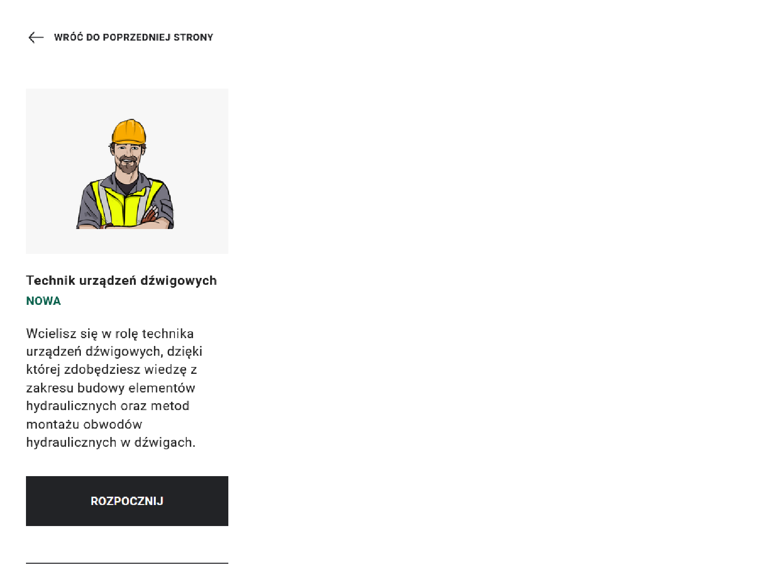 Ilustracja przedstawia planszę z wyborem misji. Znajduje się na niej ikonka przedstawiające mężczyznę w stroju roboczym. Poniżej jego zawód oraz opis zadania w grze.