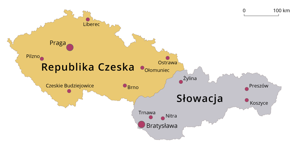 Mapa obrazuje kraje  powstałe po rozpadzie Czechosłowacji. Tereny te podzieliły się na dwa państwa - zachodnie ziemie Czechosłowacji przekształciły się w Republikę Czeską, a wschodnie w Słowację. Na mapie ponadto różowymi punktami są zaznaczone większe miasta Czech (Praga, Liberec, Pilzno, Czeskie Budziejowice, Brno, Ołomuniec i Ostrawa) oraz Słowacji (Bratysława, Nitra, Trnawa, Żylina, Preszów, Koszyce).
