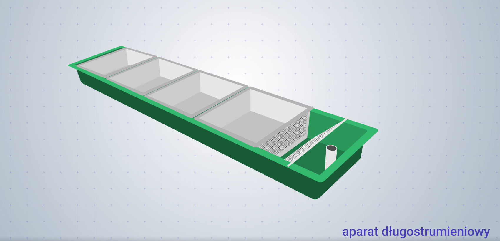 Obrazek przedstawia aparat długostrumieniowy. Pojemniki na ryby umieszczone są w długim prostokątnym pojemniku, do którego dopływa woda.
