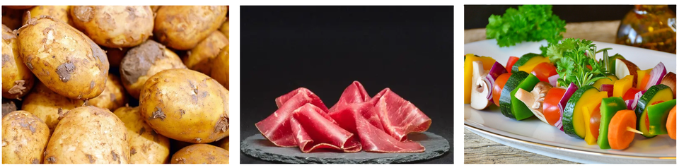 Trzy zdjęcia. Przedstawiają kolejno: ziemniaki, plasterki wędliny, szaszłyki zrobione z warzyw.  