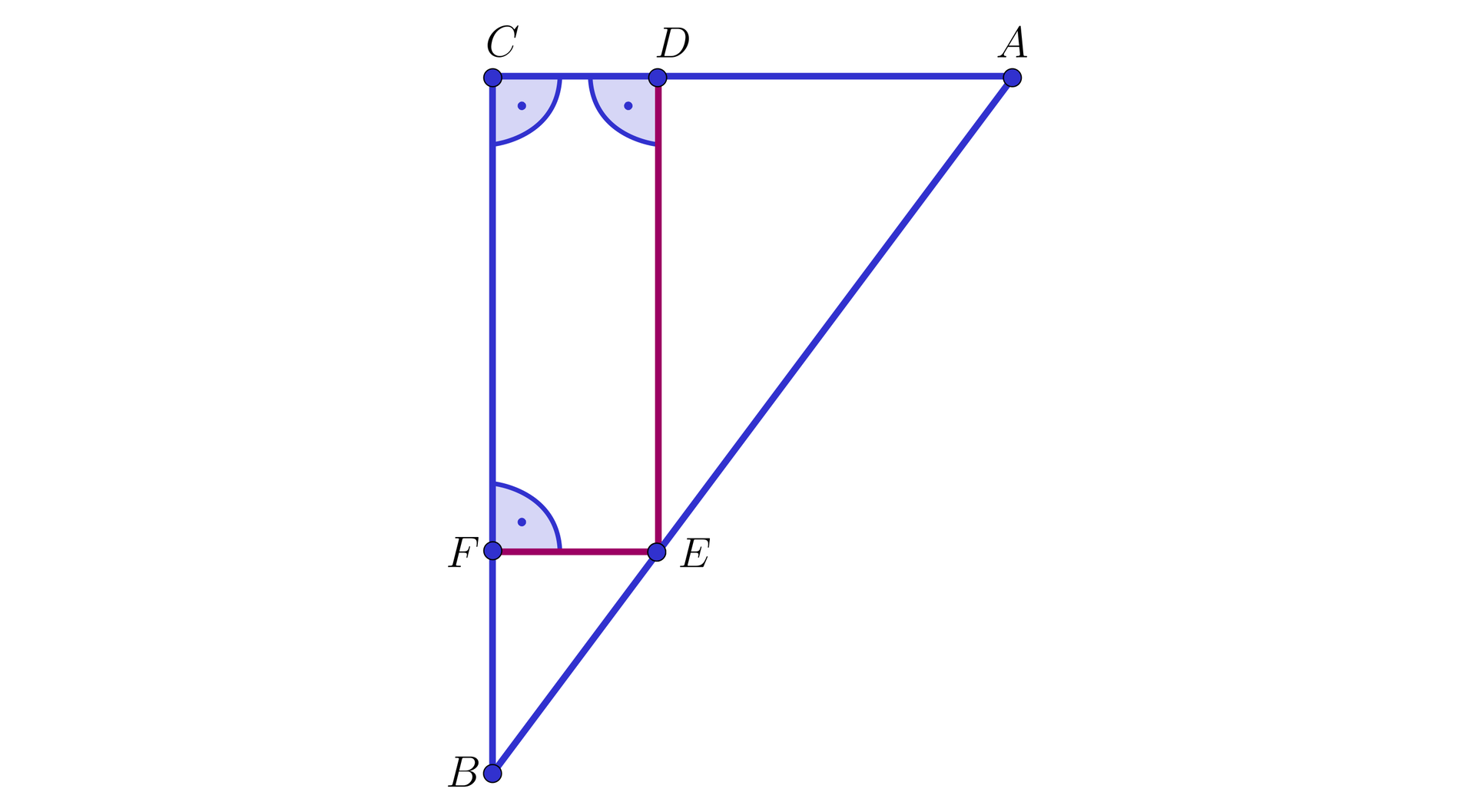 Na ilustracji przedstawiono trójkąt ABC, z kątem prostym przy wierzchołku C. Zaznaczono punkty, D na przyprostokątnej AC, punkt E na przeciwprostokątnej AB, oraz punkt F na przyprostokątnej BC. Punkty połączono w taki sposób, że powstał prostokąt CDEF.