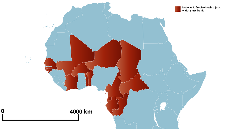 Ilustracja przedstawia część mapy politycznej Afryki z zaznaczonymi na czerwono krajami, w których walutą jest frank. Są to: Benin, Burkina Faso, Czad, Gabon, Gwinea Bissau, Gwinea Równikowa, Kamerun, Kongo, Mali, Niger, Republika Środkowoafrykańska, Senegal, Togo, Wybrzeże Kości Słoniowej.
