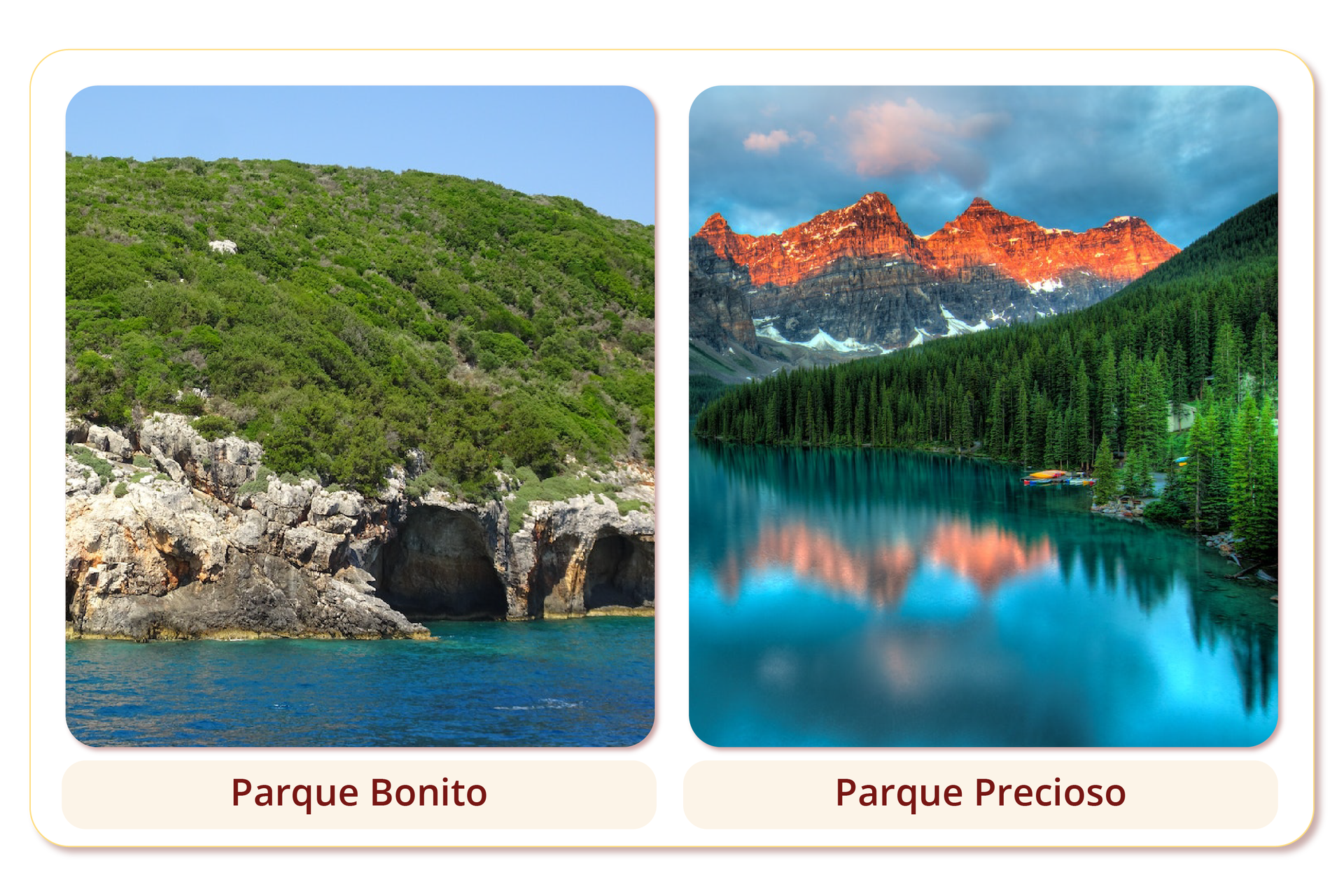 Ilustracja przedstawia dwa zdjęcia z podpisami. Pierwsze podpisane Parque Bonito przedstawia wzniesienie umieszczone nad wodą. Pokryte jest trawą a przy wodzie widoczne są skały i wejścia do jaskini. Druga podpisana Parque Precioso przestawia krajobraz składający się na pierwszym planie z jeziora lub rzeki oraz lasów, w tle skalne szczyty górskie.