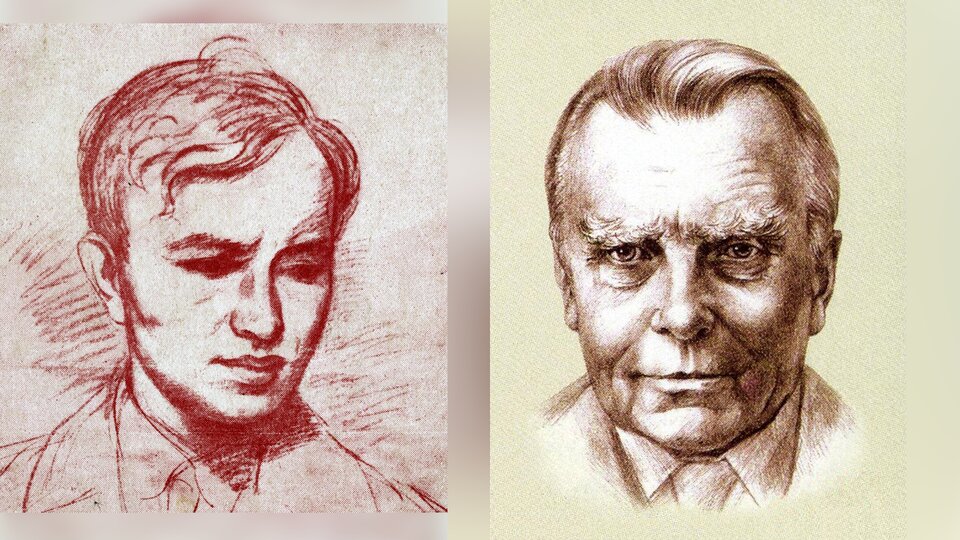 Na ilustracji są przedstawione dwie osoby. Z lewej rysunek młodego mężczyzny patrzącego w dół. Mężczyzna ma włosy zaczesane na bok. Z prawej portret dojrzałego mężczyzny z włosami zaczesanymi do tyłu. Mężczyzna ma wysokie czoło i bujne brwi.