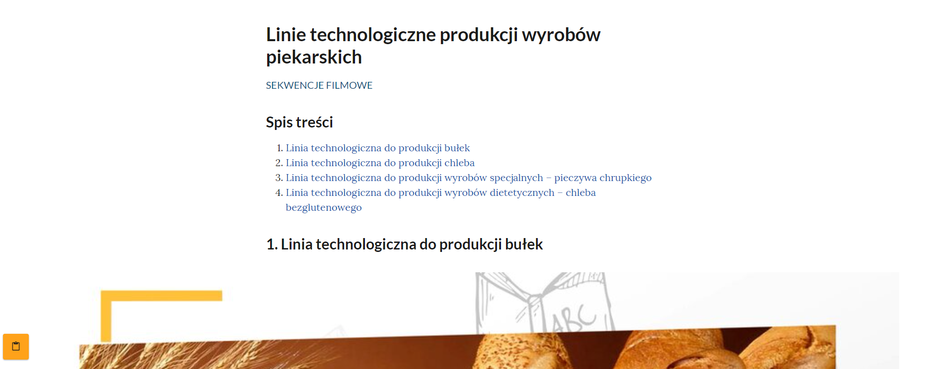 Widok spisu treści sekwencji filmowych ,,Linie technologiczne wyrobów piekarskich''