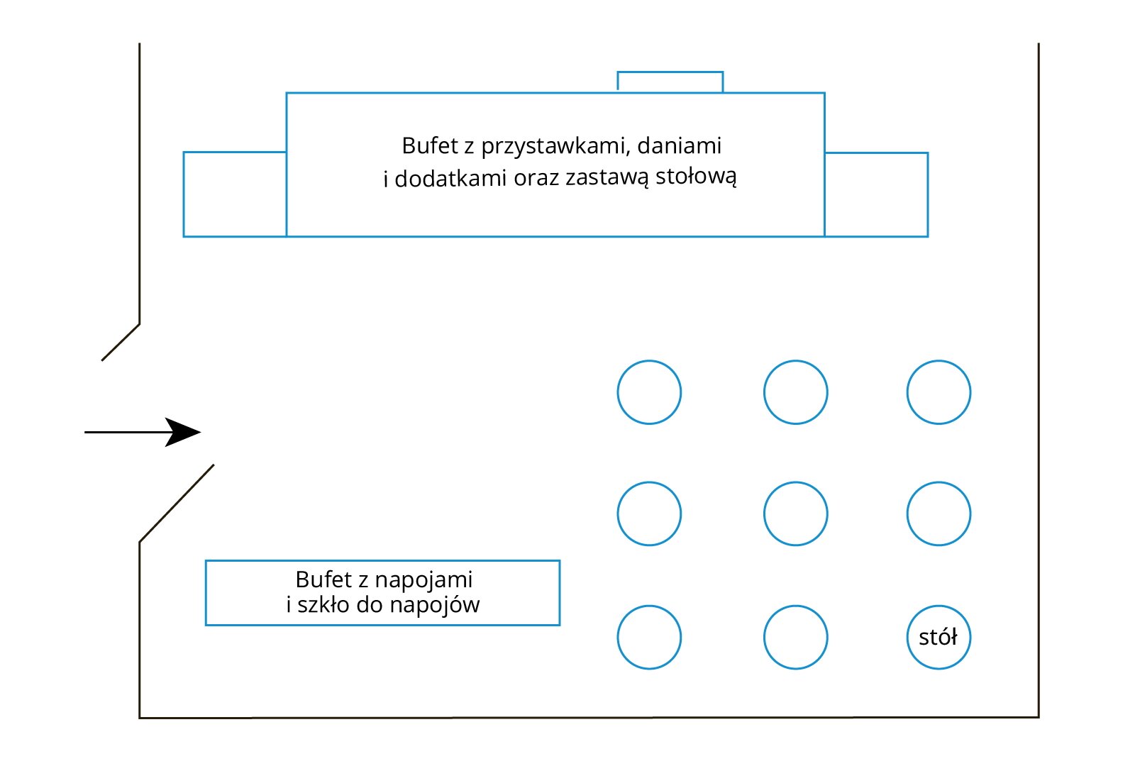 Grafika przedstawia propozycję ustawienia stołów na przyjęciu koktajlowym na stojąco, widzianą z lotu ptaka. W prawym dolnym rogu sali znajduje się dziewięć okrągłych stołów koktajlowych. Przy górnej ścianie umieszczony jest bufet z przystawkami, daniami i dodatkami oraz zastawą stołową. W lewym dolnym rogu sali rozmieszczony jest bufet z napojami i szkło do napojów.