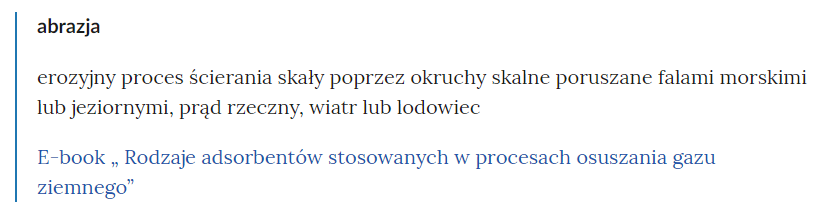 Widok pojęć w słowniku i linków przekierowujących do odpowiednich materiałów multimedialnych.