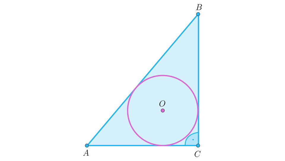 Ilustracja przedstawia trójkąt prostokątny, w którym AB to przeciwprostokątna, a AC i BC to przyprostokątne. W trójkąt wpisano okrąg o środku O. 