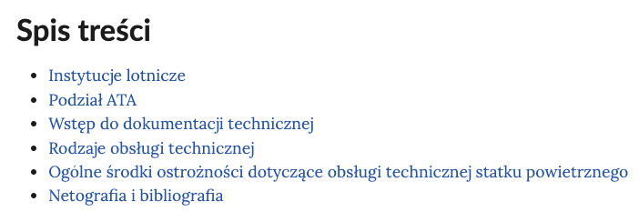 Zrzut ekranu przedstawia spis treści. Pod nagłówkiem znajduje się lista odsyłaczy do kolejnych rozdziałów e‑booka.