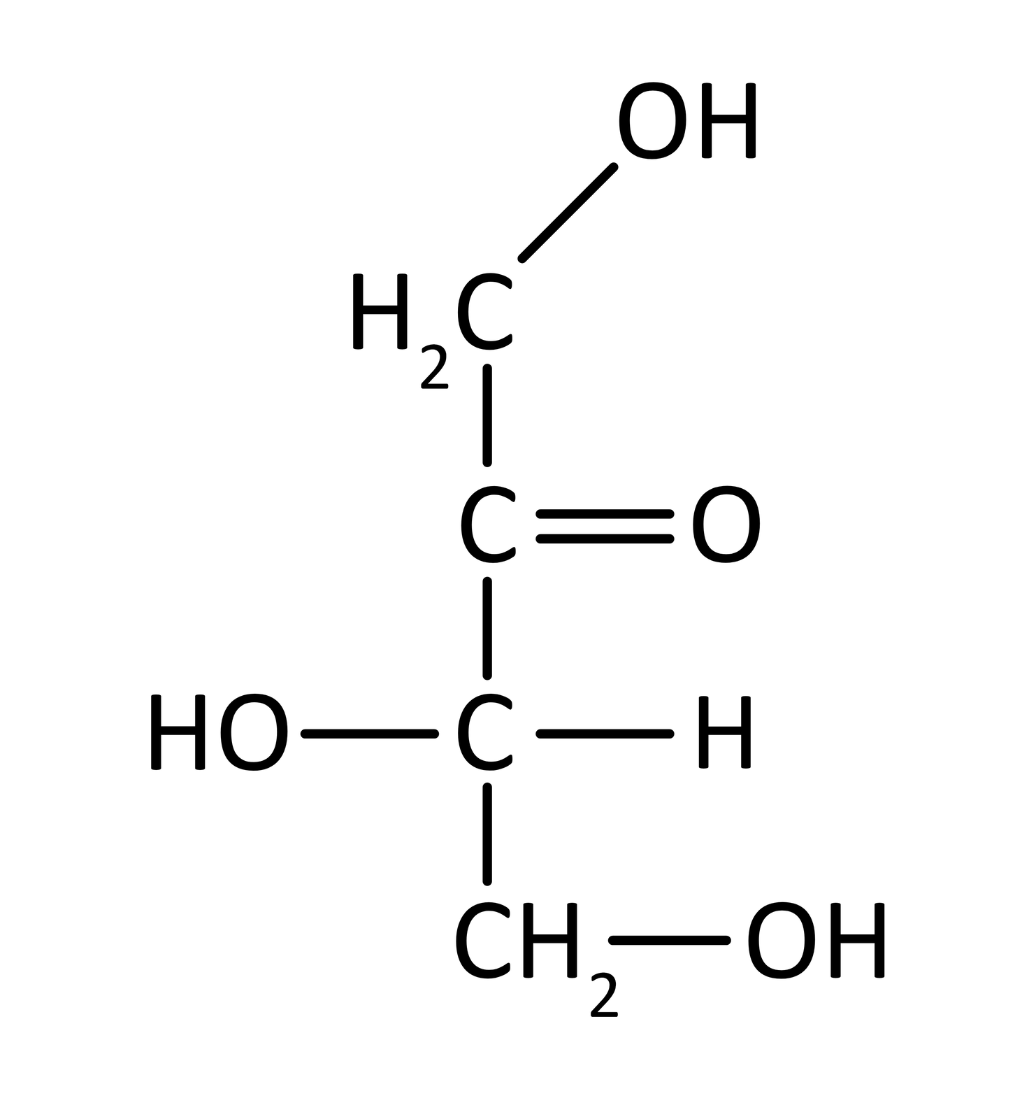 Na ilustracji jest pionowy wzór. Przedstawia się następująco: opis od góry - grupa metylenowa łączy się u góry, nieco w prawo z grupą OH, a w dół z atomem węgla. Atom węgla z prawej strony łączy się wiązaniem podwójnym z atomem tlenu, a w dół z kolejnym atomem węgla. Ten łączy się po lewej stronie z grupą HO, a po prawej z atomem wodoru. W dół łączy się z grupą metylenowa, która w prawo łączy się z grupą OH.