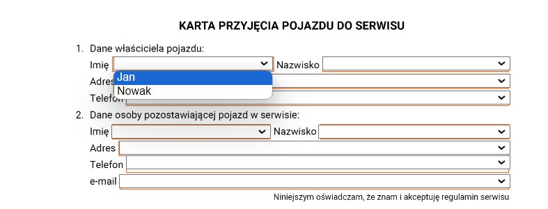 Przykładowy widok wypełniania karty