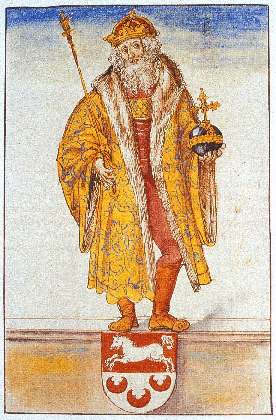 Ilustracja przedstawia starszego mężczyznę z brodą oraz dłuższymi kręconym włosami. Mężczyzna ma na głowie koronę, a w dłoniach jabłko i berło atrybuty władzy. Ubrany jest w płaszcz obszyty futrem. Stoi nad herbem na którym znajduje się koń w  galopie , a poniżej trzy półksiężyce.