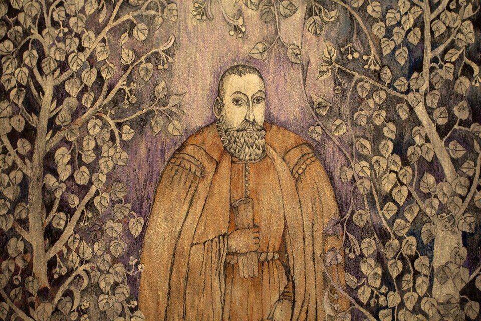 Obraz przedstawia postać brodatego mężczyzny w sile wieku. Poeta ubrany jest w szubę. W prawej ręce trzyma zwój papieru, lewą rękę ma opuszczoną. Mężczyznę otaczają drzewa.