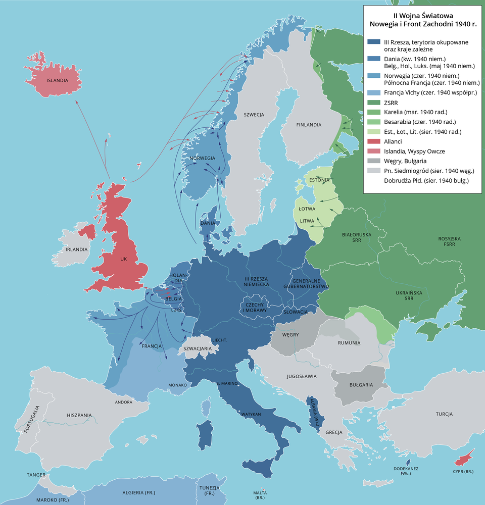 Mapa przedstawia Europę w czasie II wojny światowej. Oznaczona jest III Rzesza oraz terytoria okupowane i kraje zależne, do których należą: Czechy i Morawy, Generalne Gubernatorstwo, Włochy, Albania. Oznaczona jest Dania (kwiecień 1940 niemiecka), Belgia, Holandia i Luksemburg (maj 1940 niemieckie). Norwegia (czerwiec 1940 niemiecka), Północna Francja (czerwiec 1940 niemiecka), Francja Vichy (czerwiec 1940 współpraca). Oznaczone są ZSRR. Karelia (marzec 1940 radziecka), Besarabia (czerwiec 1940 radziecka), Estonia, Łotwa, Litwa (sierpień 1940 radzieckie). Oznaczona są państwa alianckie, są to: Zjednoczone Królestwo, Islandia, Wyspy Owcze, Cypr. Oznaczone są osobno: Węgry, Bułgaria. Północny Siedmiogród (sierpień 1940 węgierski), Dobrudża Południowa (sierpień 1940 bułgarska).