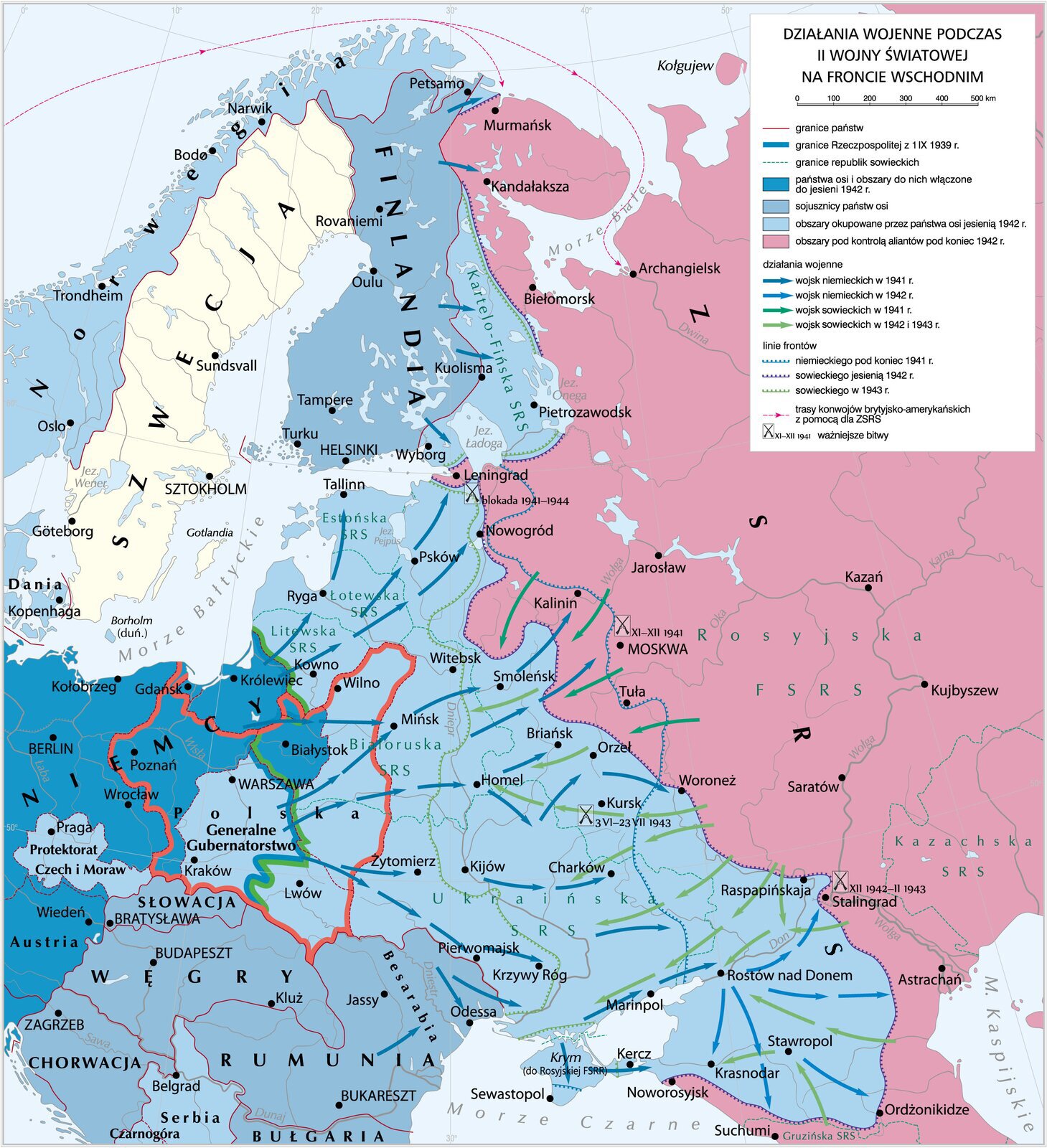 Mapa - Działania wojenne podczas II wojny światowej na froncie wschodnim
