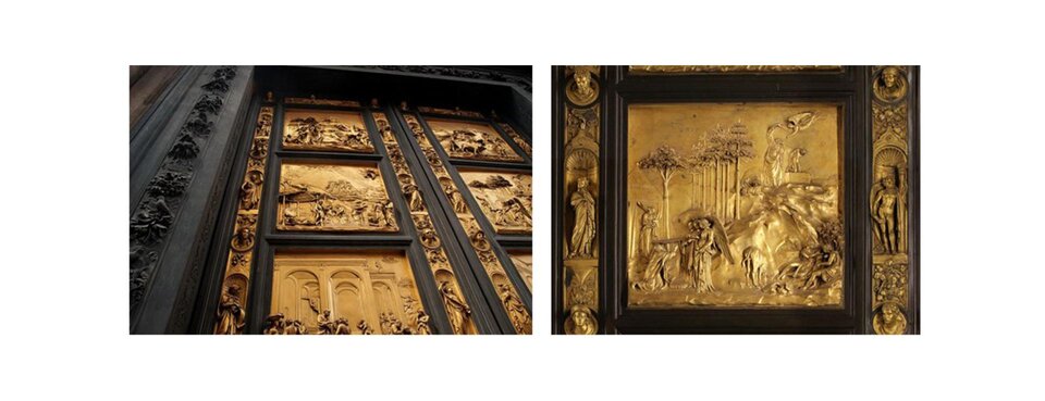 Zdjęcie przedstawia dwa fragmenty „Drzwi Raju”, (Porta del Paradiso) Lorenza Ghibertiego, wykonanych w latach 1425‑1450: pierwszy ukazuje fragment drzwi podzielony na kwatery, drugi - jedną z kwater. Drzwi wykonane zostały techniką odlewu i są przykładem rzeźby reliefowej. Wykonano z brązu, a następnie pozłocono.