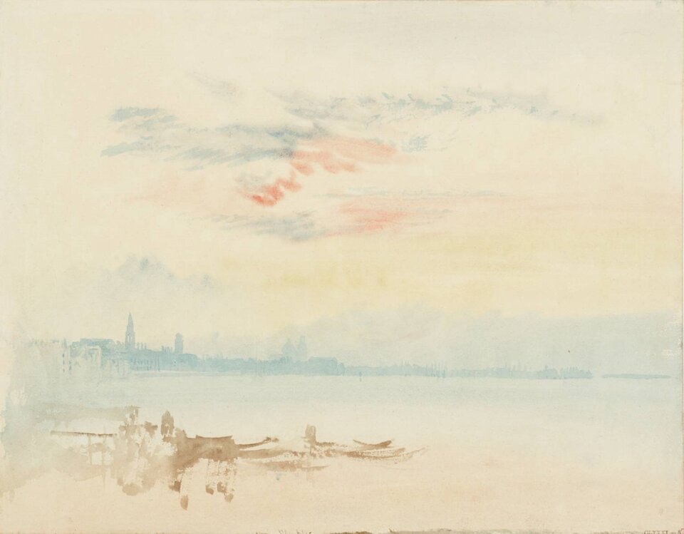 Obraz przedstawia miasto w oddali namalowane delikatnym niebieskim kolorem. W dolnej części obrazu znajduje się pomost namalowany brązową farbą. Na górze obrazu zostały namalowane chmury w trzech delikatnych odcieniach kolorów czerwonego, żółtego i niebieskiego.