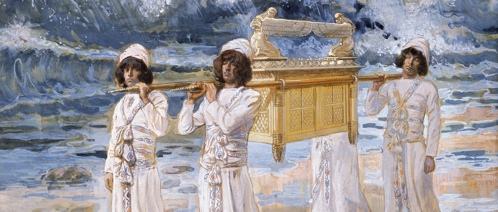 Obraz przedstawia moment przenoszenia Arki Przymierza. Czterej mężczyźni ubrani w białe szaty, z białymi turbanami na głowach trzymają za końce dwa drągi, na których zaczepiona jest zdobiona skrzynia w kolorze złotym, na której pokrywie widać dwie rzeźby aniołów wyciągających do siebie skrzydła.