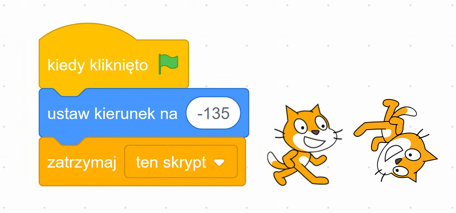Na ekranie, po lewej stronie, znajduje się blok, który jest zbudowany z trzech elementów. Na samej górze znajduje się klocek z napisem 'kiedy kliknięto' oraz ikoną zielonej flagi. Pod nim znajduje się element z napisem ‘ustaw kierunek na minus jeden’. Na samym dole jest element z napisem 'zatrzymaj ten skrypt', który kończy blok.
Po prawej stronie znajdują się dwie animacje kota‑duszka. Jedna postać jest ustawiono pionowo, natomiast druga według komendy wydanej przez skrypt.
