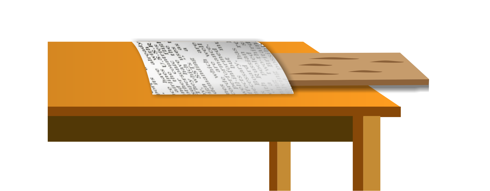 Ilustracja przedstawia stół, na którym leży listewka drewniana, która wystaje poza krawędź stołu. Na stole na listewce leży gazeta.