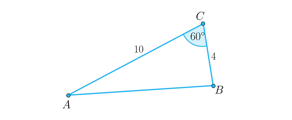 Rysunek przedstawia trójkąt o wierzchołkach: A, B oraz C. Długość odcinka BC to cztery. Długość odcinka AC to 10, Kąt między odcinkiem BC i AC wynosi 60 stopni.