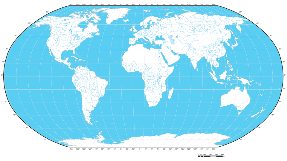 Mapa przedstawia rozmieszczenie systemów rzecznych na świecie. Kolorem białym zaznaczone są kontynenty, jasnoniebieskim morza i oceany, a ciemnoniebieskimi liniami oznaczono rzeki. Są one umiejscowione w dużej ilości w Eurazji, Ameryce Północnej i Południowej oraz w środkowej Afryce. Bardzo mało rzek znajduje się na obszarze Australii i Oceanii, a nie ma ich wcale na Antarktydzie i Arktyce. 