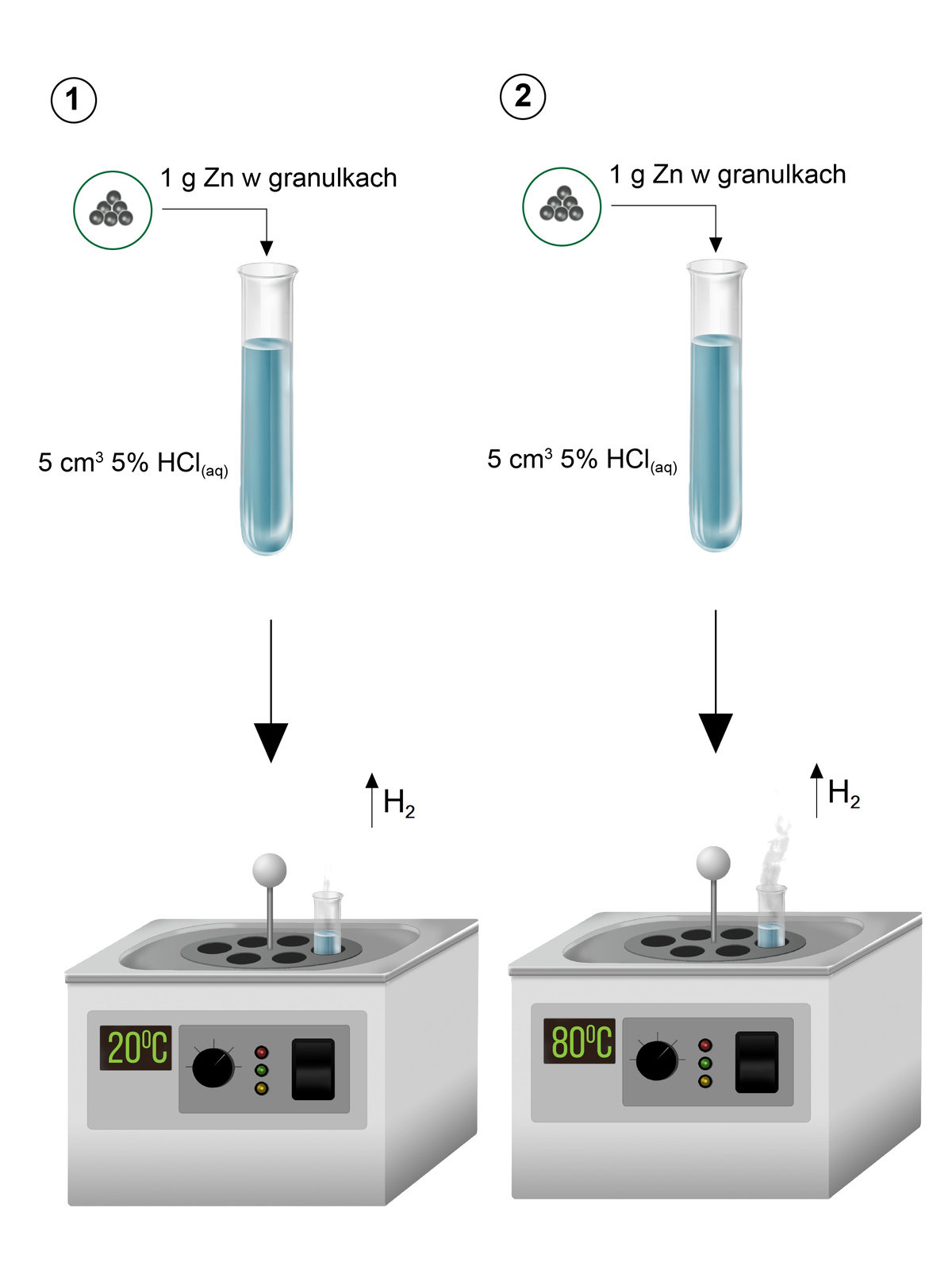 Ilustracja przedstawia dwie probówki, w których znajduje się po 5 centymetrów sześciennych pięcioprocentowego wodnego roztworu H C l. Do każdej probówki dodano po jednym gramie cynku w granulkach. Pierwszą probówkę umieszczono w termostacie temperaturze dwudziestu stopni Celsjusza, a drugą w temperaturze osiemdziesięciu stopni Celsjusza. Strzałkami zaznaczono, że z każdej probówki wydziela się wodór. Przy czym, z pierwszej mniej niż z drugiej.